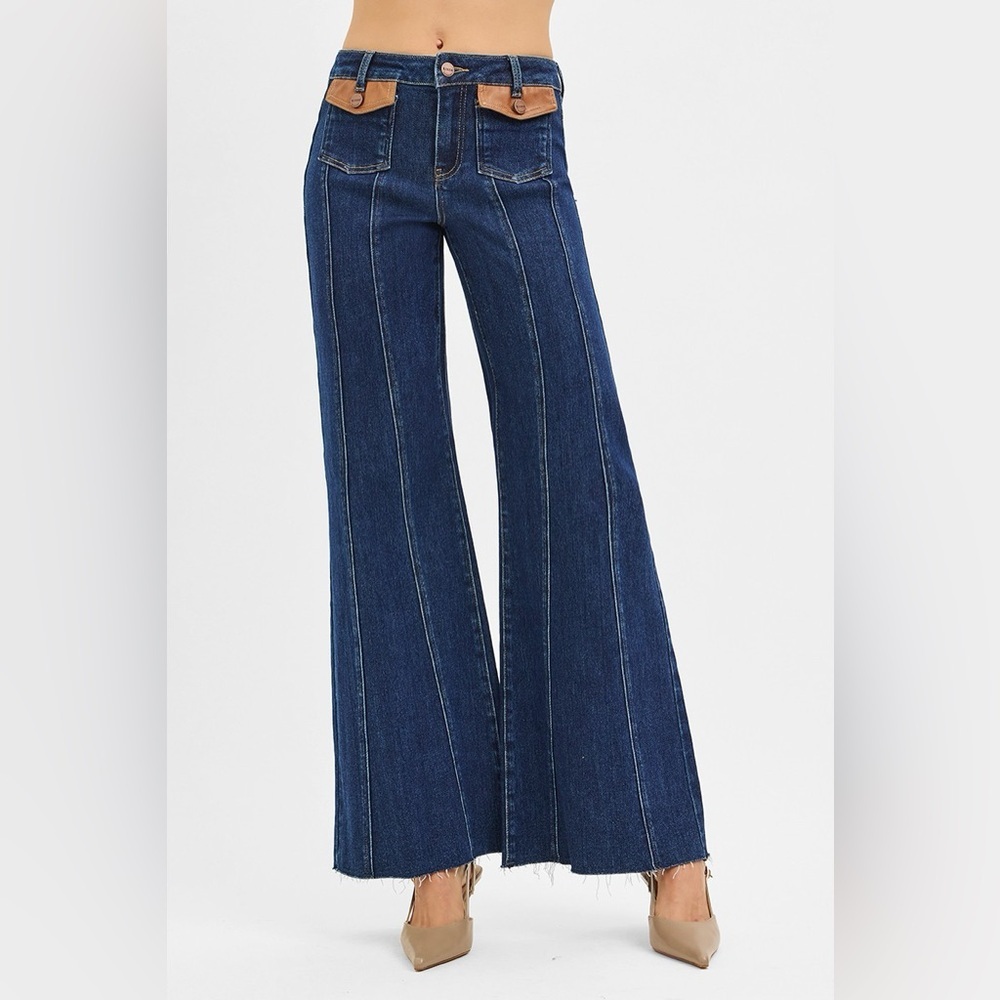 RISEN High Rise Wide Flare Jeans with Front Leather Pocket Detail​